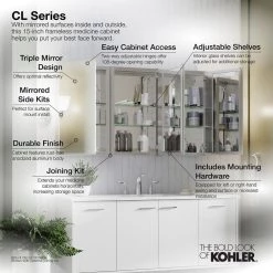 KOHLER 15 in. W x 26 in. H Single Door Recessed or Surface Mount Medicine Cabinet in Adonized Aluminum -Makeup Mirrors Sales Store aluminum kohler medicine cabinets with mirrors k cb clc1526fs 40 1000
