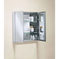 KOHLER Double Door 25 in. W x 26 in. H x 5 in. D Aluminum Cabinet with Square Mirrored Door in Silver