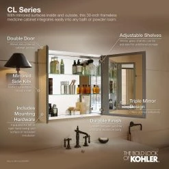 KOHLER 30 in. W x 26 in. H Two-Door Recessed or Surface Mount Medicine Cabinet in Silver Aluminum -Makeup Mirrors Sales Store aluminum kohler medicine cabinets with mirrors k cb clc3026fs 40 1000