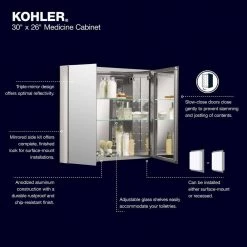 KOHLER CLC 30 in. x 26 in. Recessed/Surface Mount Soft Close Medicine Cabinet with Mirrored Door -Makeup Mirrors Sales Store aluminum kohler medicine cabinets with mirrors r79221 na 77 1000
