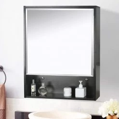 Eclife 22 in. W x 28 in. H x 6 in. D Black Wood Wall Surface Mount Medicine Cabinet with Mirror with 2-Adjustable Shelves