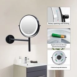 Lansi Luxury Patented 8 in. Small Round 3-Color- LED 1X/10X Magnifying Bathroom Makeup Mirror in Black -Makeup Mirrors Sales Store black lansi makeup mirrors aybszhd1408 fa 1000