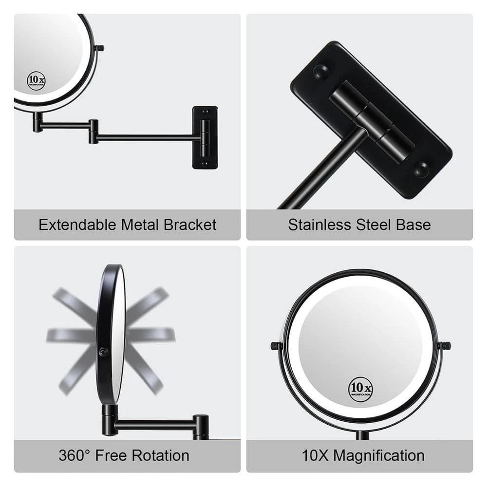 Lansi 21.2 in. W x 12 in. H Small Round Magnifying Foldable 10x Dimmable LED 2-side Bathroom Makeup Mirror in Black 9 Lansi 21.2 in. W x 12 in. H Small Round Magnifying Foldable 10x Dimmable LED 2-side Bathroom Makeup Mirror in Black - Image 7