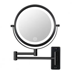 Lansi 21.2 in. W x 12 in. H Small Round Magnifying Foldable 10x Dimmable LED 2-side Bathroom Makeup Mirror in Black