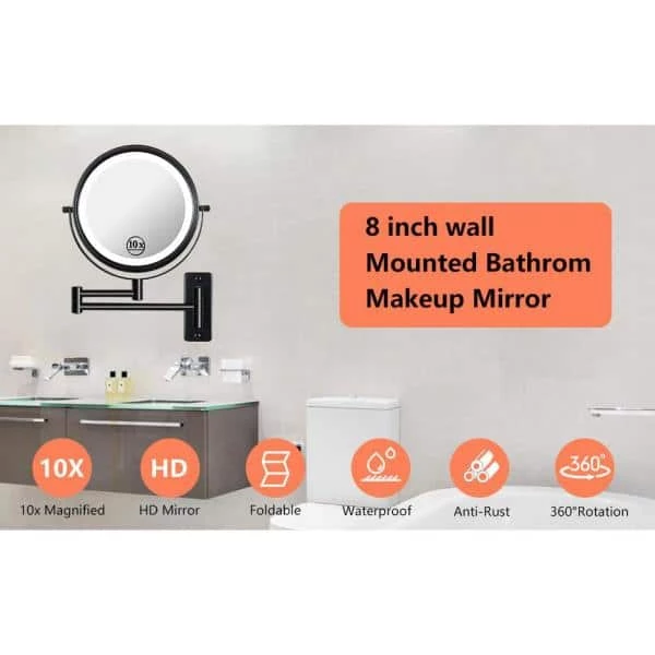 Lansi 21.2 in. W x 12 in. H Small Round Magnifying Foldable 10x Dimmable LED 2-side Bathroom Makeup Mirror in Black 6 Lansi 21.2 in. W x 12 in. H Small Round Magnifying Foldable 10x Dimmable LED 2-side Bathroom Makeup Mirror in Black - Image 4