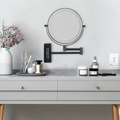 Unbranded 8 in. x 8 in. Small Round Magnifying Adjustable 1x/10x Magnification LED Lights Wall Mounted Bathroom Makeup Mirror -Makeup Mirrors Sales Store black makeup mirrors chuchu xb485 4f 1000