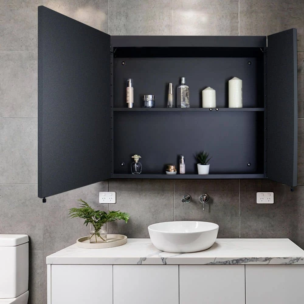 Unbranded 30 in. W x 26 in. H Medium Rectangular Black Iron Surface Mount Medicine Cabinet with Mirror and LED Light 4 Unbranded 30 in. W x 26 in. H Medium Rectangular Black Iron Surface Mount Medicine Cabinet with Mirror and LED Light - Image 2