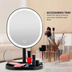 OVENTE 6 in. x 12 in. Surface-Mount Lighted Tabletop/Medicine Cabinet Makeup Mirror with 10X Mini Magnetic Mirror in Black -Makeup Mirrors Sales Store black ovente makeup mirrors mot22b 1f 1000