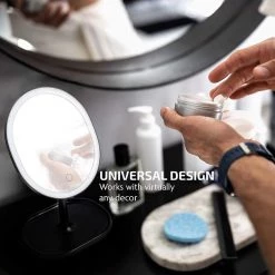 OVENTE 6 in. x 12 in. Surface-Mount Lighted Tabletop/Medicine Cabinet Makeup Mirror with 10X Mini Magnetic Mirror in Black -Makeup Mirrors Sales Store black ovente makeup mirrors mot22b fa 1000