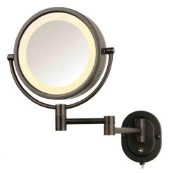 SEE ALL 8 in. x 8 in. Round Lighted Wall Mounted Direct Wired 5X Magnification Makeup Mirror in Bronze