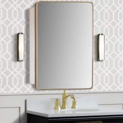 Bellaterra Home 17.7 in. W x 28.5 in. H Rectangular Metal Framed Surface Mount Medicine Cabinet with Mirror in Brushed Gold -Makeup Mirrors Sales Store brushed gold bellaterra home medicine cabinets with mirrors 8821 mc gd 31 1000