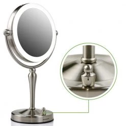 OVENTE Dual-Sided Magnifying LED Lighted Tabletop Makeup Mirror with Acrylic Edge with 1x 5x Magnification -Makeup Mirrors Sales Store brushed ovente makeup mirrors mkt75br1x5x 1f 1000