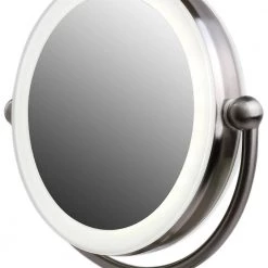 OVENTE Dual-Sided Magnifying LED Lighted Tabletop Makeup Mirror with Acrylic Edge with 1x 5x Magnification -Makeup Mirrors Sales Store brushed ovente makeup mirrors mkt75br1x5x 4f 1000