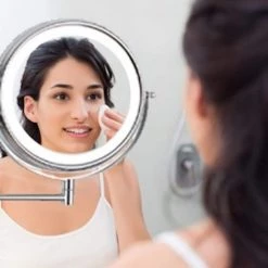 EAKYHOM 8 in. x 8 in. Double-Sided Magnifying Retractable Mirror Wall-Mount LED Bathroom Makeup Mirror in Chrome -Makeup Mirrors Sales Store chrome eakyhom makeup mirrors els8k wchl 1f 1000