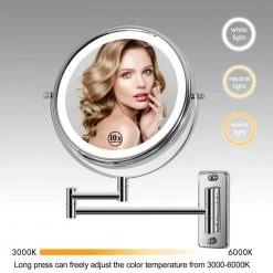 EAKYHOM 8 in. x 8 in. Double-Sided Magnifying Retractable Mirror Wall-Mount LED Bathroom Makeup Mirror in Chrome