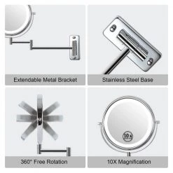 EAKYHOM 8 in. x 8 in. Double-Sided Magnifying Retractable Mirror Wall-Mount LED Bathroom Makeup Mirror in Chrome -Makeup Mirrors Sales Store chrome eakyhom makeup mirrors els8k wchl 76 1000