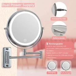Unbranded 8 in. W x 8 in. H Small Round 2-Side 1X/10X Magnifying, LED light, USB Charge Bathroom Makeup Mirror in Chrome -Makeup Mirrors Sales Store chrome finish makeup mirrors aybszhd1682 1d 1000