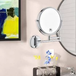 Unbranded 8 in. x 13.38 in. LED 3x Round 2-Sided 360-Degree Rotation Wall Mount Bathroom Makeup Mirror in Chrome -Makeup Mirrors Sales Store chrome makeup mirrors dt cy93 01cp 76 1000