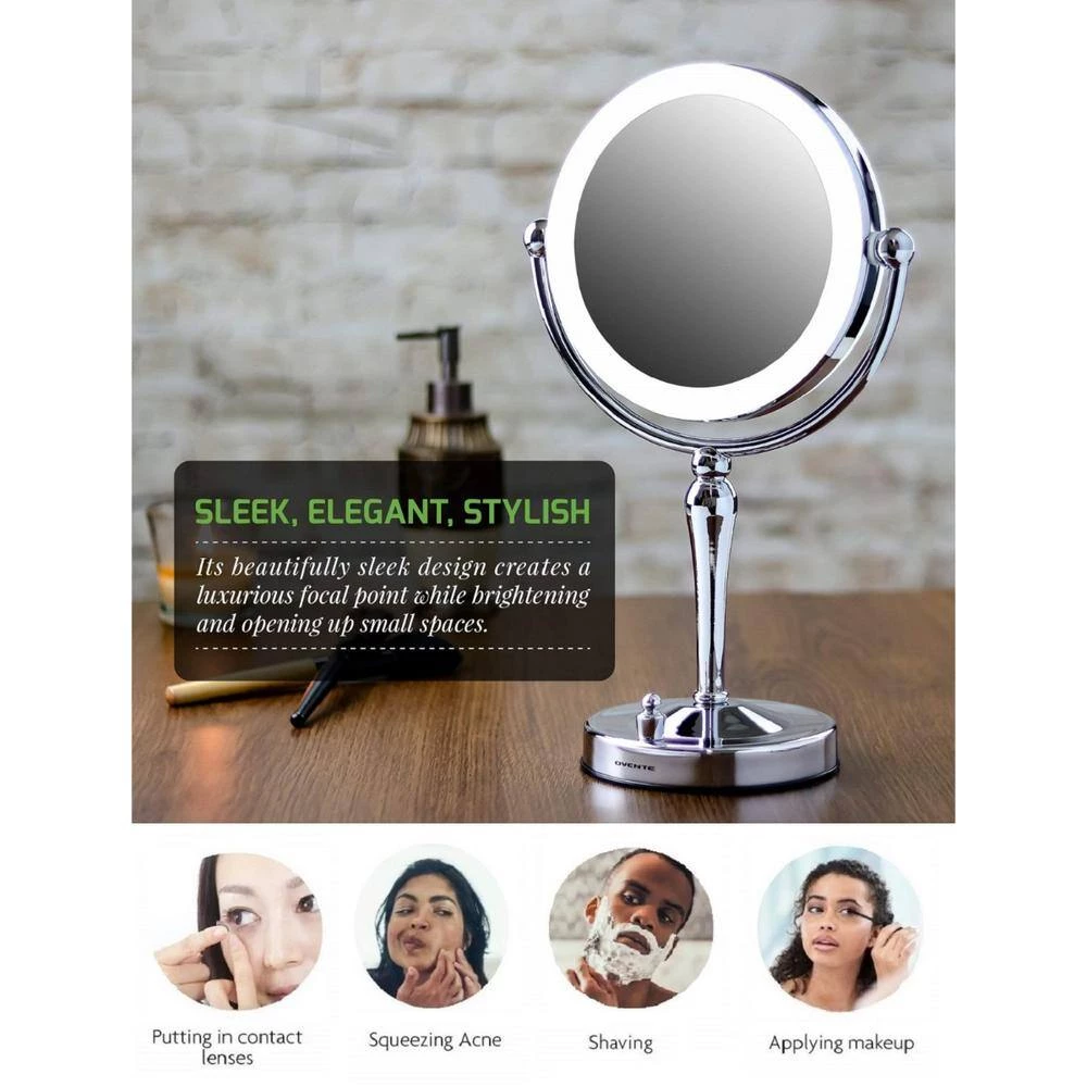 OVENTE Dual-Sided Magnifying LED Lighted Tabletop Makeup Mirror with Acrylic Edge, 1x or 5x Magnification 4 OVENTE Dual-Sided Magnifying LED Lighted Tabletop Makeup Mirror with Acrylic Edge, 1x or 5x Magnification - Image 2