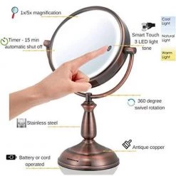 OVENTE 15.79 in. H X 5.51 in. W, Small Copper Lighted Tilting Makeup Mirror, 1x 5x Magnification -Makeup Mirrors Sales Store copper ovente makeup mirrors mpt85co1x5x 4f 1000
