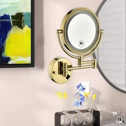 Unbranded 8 in. x 13.38 in. LED 3x Round 2-Sided 360-Degree Rotation Wall Mount Bathroom Makeup Mirror in Gold -Makeup Mirrors Sales Store gold makeup mirrors dt cy93 01gd 76 1000