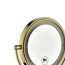 Unbranded 8 in. x 13.38 in. LED 3x Round 2-Sided 360-Degree Rotation Wall Mount Bathroom Makeup Mirror in Gold -Makeup Mirrors Sales Store gold makeup mirrors dt cy93 01gd fa 1000
