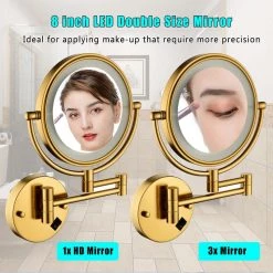 Movisa 9 in. W x 8 in. H LED Wall Mount 2-Sided Magnifying Bathroom Makeup Mirror in Gold -Makeup Mirrors Sales Store gold makeup mirrors mvledm01 fa 1000