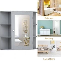 Costway 6.5 in. x 25 in. x 26 in. Gray Multipurpose Wall Surface Mount Bathroom Storage Medicine Cabinet with Mirror -Makeup Mirrors Sales Store gray costway medicine cabinets with mirrors hw56729gr 1f 1000