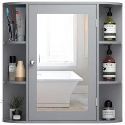 Costway 6.5 in. x 25 in. x 26 in. Gray Multipurpose Wall Surface Mount Bathroom Storage Medicine Cabinet with Mirror -Makeup Mirrors Sales Store gray costway medicine cabinets with mirrors hw56729gr c3 1000