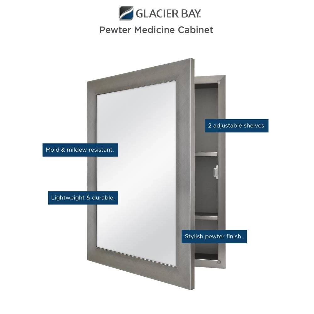 Glacier Bay 20 in. x 26 in. Recessed or Surface Mount Framed Medicine Cabinet in Pewter with Mirror 7 Glacier Bay 20 in. x 26 in. Recessed or Surface Mount Framed Medicine Cabinet in Pewter with Mirror - Image 5
