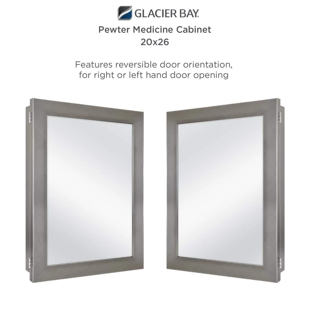 Glacier Bay 20 in. x 26 in. Recessed or Surface Mount Framed Medicine Cabinet in Pewter with Mirror 8 Glacier Bay 20 in. x 26 in. Recessed or Surface Mount Framed Medicine Cabinet in Pewter with Mirror - Image 6