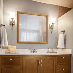 Design House Claremont 36 in. x 30 in. x 4-3/4 in. Surface-Mount Tri-View Bathroom Medicine Cabinet in Honey Oak -Makeup Mirrors Sales Store honey oak design house medicine cabinets with mirrors 545285 hok 31 1000