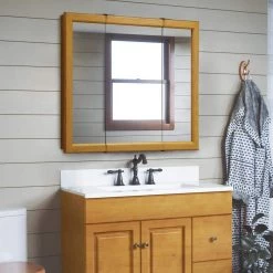 Design House Claremont 36 in. x 30 in. x 4-3/4 in. Surface-Mount Tri-View Bathroom Medicine Cabinet in Honey Oak -Makeup Mirrors Sales Store honey oak design house medicine cabinets with mirrors 545285 hok 40 1000