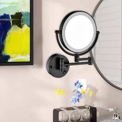 Unbranded 8 in. x 13.38 in. Round LED 3x 360-Degree Rotation 2-Sided Wall Mount Bathroom Makeup Mirror in Matte Black -Makeup Mirrors Sales Store matte black makeup mirrors dt cy93 01bk 76 1000