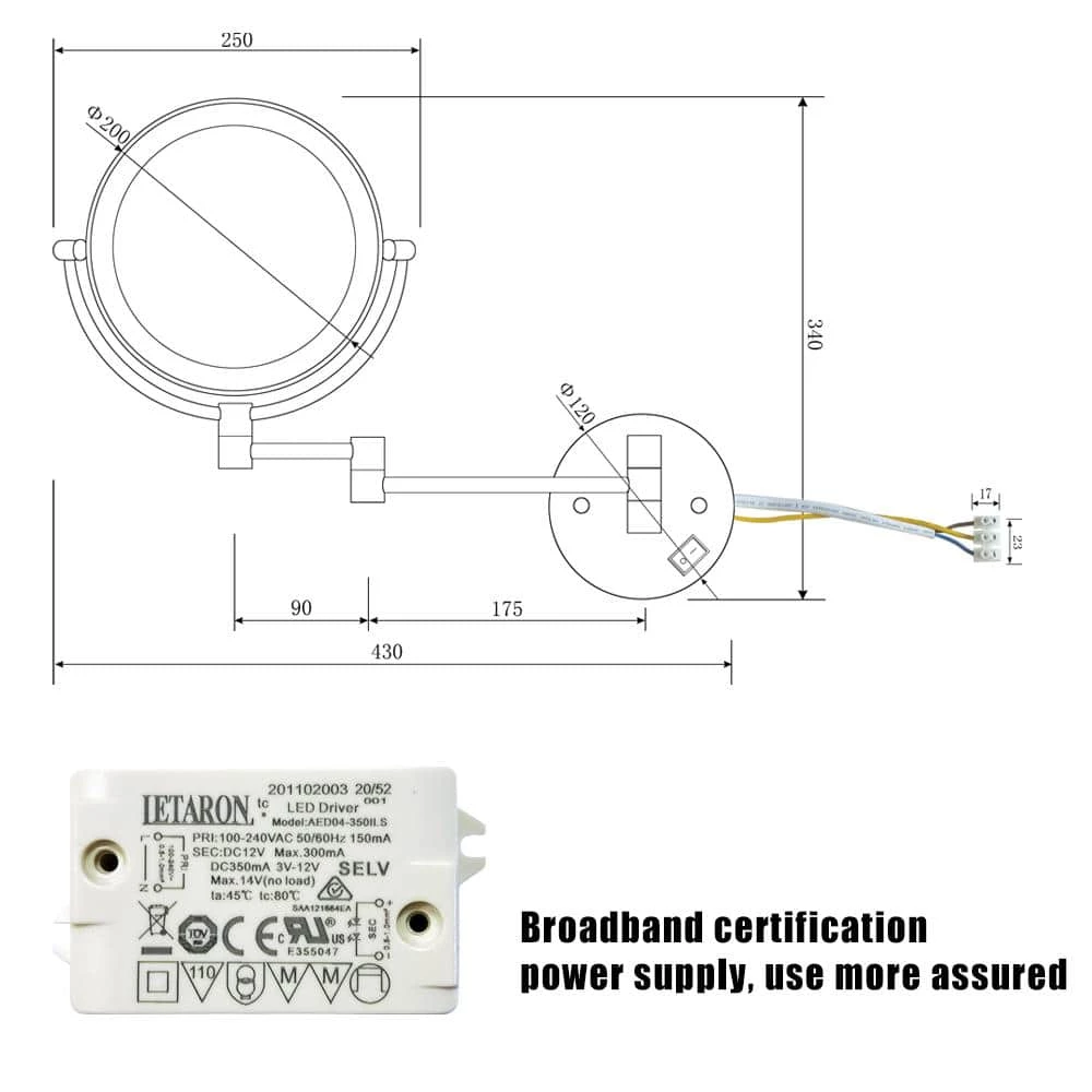 YASINU 8 in. x 13.38 in. Double-Sided 1X and 3X Magnifying Retractable Wall-Mounted LED Bathroom Makeup Mirror in Matte Black 8 YASINU 8 in. x 13.38 in. Double-Sided 1X and 3X Magnifying Retractable Wall-Mounted LED Bathroom Makeup Mirror in Matte Black - Image 6