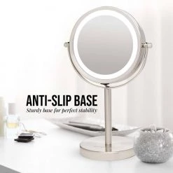 OVENTE Small Nickel Brushed Lighted Tabletop Makeup Mirror (11.6 in. H x 7.1 in. W), 1x-7x Magnification -Makeup Mirrors Sales Store nickel brushed ovente makeup mirrors mlt60br1x7x fa 1000