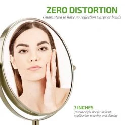 OVENTE Small Round Tabletop Nickel Brushed Makeup Mirror (13.3 in. H x 5.3 in. W), 1x-7x Magnification -Makeup Mirrors Sales Store nickel brushed ovente makeup mirrors mnlct70br1x7x 1f 1000