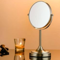 OVENTE Small Round Tabletop Nickel Brushed Makeup Mirror (13.3 in. H x 5.3 in. W), 1x-7x Magnification -Makeup Mirrors Sales Store nickel brushed ovente makeup mirrors mnlct70br1x7x 31 1000