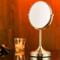 OVENTE Small Round Tabletop Nickel Brushed Makeup Mirror (13.3 in. H x 5.3 in. W), 1x-7x Magnification -Makeup Mirrors Sales Store nickel brushed ovente makeup mirrors mnlct70br1x7x 76 1000