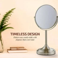 OVENTE Small Round Tabletop Nickel Brushed Makeup Mirror (13.3 in. H x 5.3 in. W), 1x-7x Magnification -Makeup Mirrors Sales Store nickel brushed ovente makeup mirrors mnlct70br1x7x d4 1000