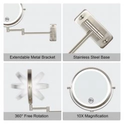 EAKYHOM 8 in. x 8 in. Wall Mounted LED 10x Round Makeup Mirror in Nickel Finish -Makeup Mirrors Sales Store nickel eakyhom makeup mirrors els8k wnl fa 1000