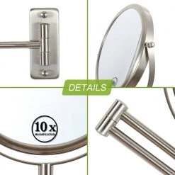 Unbranded 8 in. W x 8 in. H Small Round 10X HD Magnifying Double Sided Telescopic Wall Bathroom Makeup Mirror in Brushed Nickel -Makeup Mirrors Sales Store nickel makeup mirrors aybszhd1189 44 1000