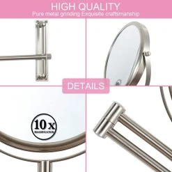 Unbranded 8 in. W x 8 in. H Small Round 2-Side 1X/10X Magnifying Height Adjustable Telescopic Bathroom Makeup Mirror in Nickel V3 -Makeup Mirrors Sales Store nickel makeup mirrors aybszhd1690 4f 1000