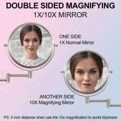 Unbranded 8 in. W x 8 in. H Small Round 2-Side 1X/10X Magnifying Height Adjustable Telescopic Bathroom Makeup Mirror in Nickel V3 -Makeup Mirrors Sales Store nickel makeup mirrors aybszhd1690 76 1000