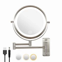 Unbranded 8 in. Small Round 10X Magnifying 3-Color-LED Touch Screen USB Charge 2-Sided Bathroom Makeup Mirror in Nickel Finish