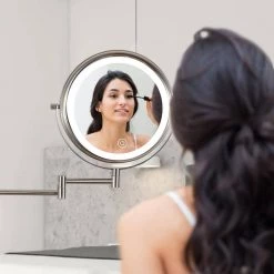 Unbranded 8 in. Small Round 10X Magnifying 3-Color-LED Touch Screen USB Charge 2-Sided Bathroom Makeup Mirror in Nickel Finish -Makeup Mirrors Sales Store nickel makeup mirrors aybszhd488 fa 1000