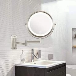 Unbranded 8 in. x 8 in. Small Round Magnifying Wall Mounted LED Lights Bathroom Makeup Mirror in Nickel -Makeup Mirrors Sales Store nickel makeup mirrors cuus8k wlni 44 1000
