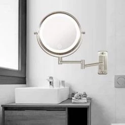 Unbranded 8 in. x 8 in. Small Round Magnifying Wall Mounted LED Lights Bathroom Makeup Mirror in Nickel -Makeup Mirrors Sales Store nickel makeup mirrors cuus8k wlni 76 1000