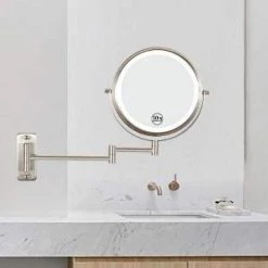 Unbranded 8 in. x 8 in. Small Round Magnifying Wall Mounted LED Lights Bathroom Makeup Mirror in Nickel -Makeup Mirrors Sales Store nickel makeup mirrors cuus8k wlni fa 1000