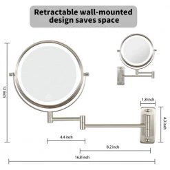 WOODSAM 8 in. H x 8 in. W LED Lighted Round Wall Mount Bi-View 10X/1X Magnification Bathroom Makeup Mirror in Brushed Nickel -Makeup Mirrors Sales Store nickel makeup mirrors ls8k wl n 4f 1000